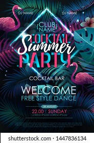 Summer cocktail disco party typography poster with flamingo and fluorescent tropic leaves. Nature concept