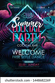 Summer cocktail disco party typography poster with flamingo and fluorescent tropic leaves. Nature concept