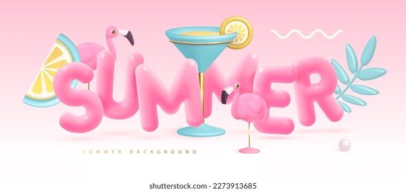 Summer cocktail disco party typography poster with 3D plastic text, cocktail, tropic leaves and flamingo. Vector illustration