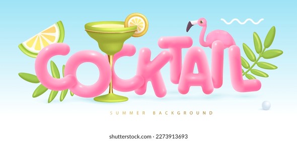 Summer cocktail disco party typography poster with 3D plastic text, cocktail, tropic leaves and flamingo. Vector illustration