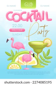 Summer cocktail disco party typography poster with 3D plastic text, cocktail, tropic leaves and flamingo. Vector illustration