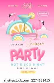 Summer cocktail disco party typography poster with 3D plastic text, cocktail, tropic fruits and flamingo. Vector illustration