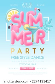 Summer cocktail disco party typography poster with 3D plastic text, cocktail, tropic leaves and flamingo. Vector illustration