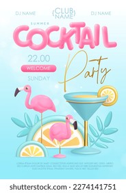 Summer cocktail  disco party typography poster with 3D plastic text, cocktail, tropic leaves and flamingo. Vector illustration