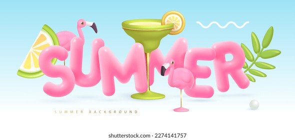 Summer cocktail disco party typography poster with 3D plastic text, cocktail, tropic leaves and flamingo. Vector illustration