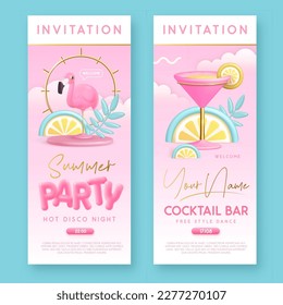 Summer cocktail  disco party typography poster with 3D plastic text, cocktail, tropic leaves and flamingo. Invitation design. Vector illustration