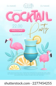 Summer cocktail disco party typography poster with 3D plastic text, cocktail, tropic leaves and flamingo. Vector illustration