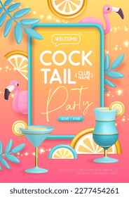 Summer cocktail disco party typography poster with 3D plastic flamingo, cocktail and tropic leaves. Vector illustration