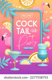 Summer cocktail disco party typography poster with 3D plastic flamingo, cocktail and tropic leaves. Vector illustration