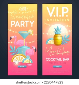 Summer cocktail disco party typography poster with 3D plastic flamingo, cocktail and pineapple. Invitation design. Vector illustration