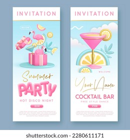 Summer cocktail disco party typography poster with 3D plastic text, cocktail, tropic leaves and flamingo. Invitation design. Vector illustration