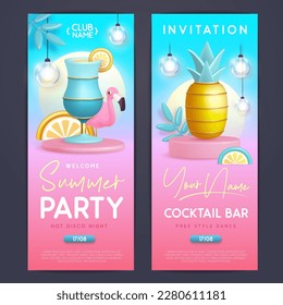 Summer cocktail disco party typography poster with 3D plastic flamingo, cocktail and pineapple. Invitation design. Vector illustration