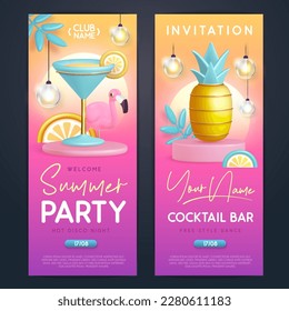 Summer cocktail disco party typography poster with 3D plastic flamingo, cocktail and pineapple. Invitation design. Vector illustration