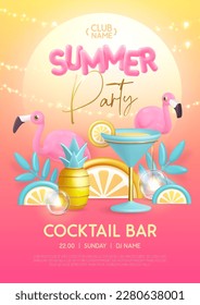 Summer cocktail disco party typography poster with 3D plastic text, flamingo, cocktail and tropic leaves. Vector illustration