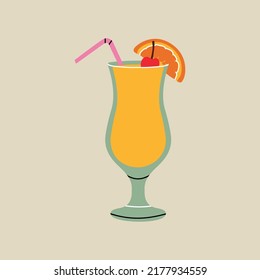Summer cocktail, drink element in flat line style. Hand drawn vector illustration of summer, vacation, travel, trip, beach cartoon design. Vintage natural patch, badge, emblem, logo, decoration.