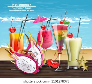 Summer Cocktail drinks Vector realistic banner. Beach hot template with exotic tropical drinks collection. 3d illustration