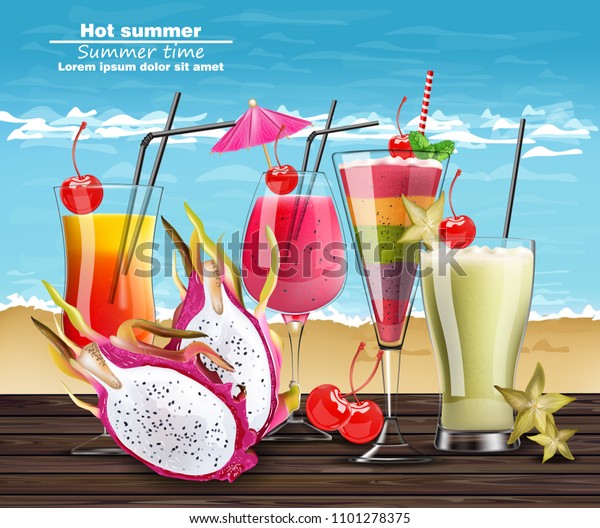 Summer Cocktail Drinks Vector Realistic Banner のベクター画像素材 ロイヤリティフリー