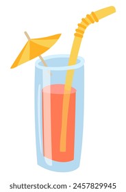 Summer cocktail in flat design. Cold drink in glass with straw and umbrella. Vector illustration isolated.