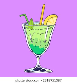 Summer cocktail with fruit and ice. Summer tropical cocktail. Exotic drink.  Bright colors and cartoon style.