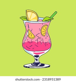 Summer cocktail with fruit and ice. Summer tropical cocktail. Exotic drink.  Bright colors and cartoon style.