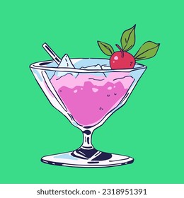 Summer cocktail with fruit and ice. Summer tropical cocktail. Exotic drink.  Bright colors and cartoon style.