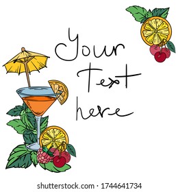 summer cocktail and fruits background , text frame