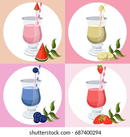 Summer cocktail fruits set vector. Fresh drink retro style background