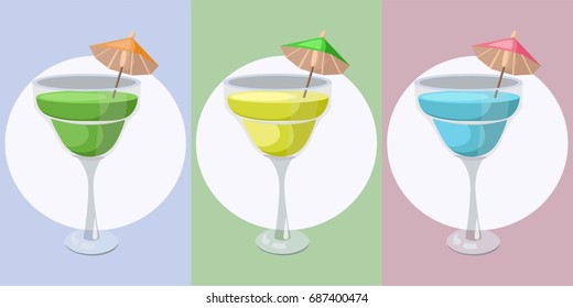 Summer cocktail fruits set vector. Fresh drink retro style background