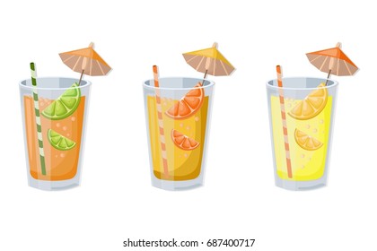Summer cocktail fruits set vector. Fresh drink retro style background