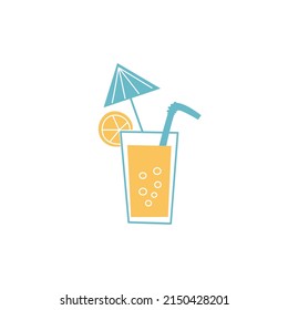 Summer Cocktail. Glass Of Cold Yellow Drink With Lemon Slice, Umbrella And Straw. Vector Hand Drawn Illustration.