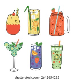 Summer cocktail glass colorful doodle drink. Cocktail party with lemon fruit for food poster. Vector doodle illustration