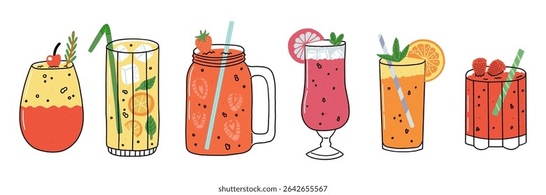 Summer cocktail glass drink. Cocktail party with lemon fruit for food poster. Vector doodle illustration