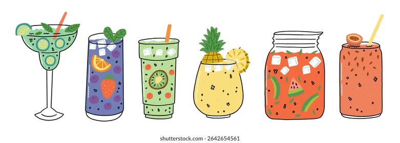 Summer cocktail glass drink set. Cocktail party with lemon fruit for food poster. Vector doodle illustration
