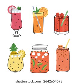 Summer cocktail glass ice drink. Cocktail party with lemon fruit for food poster. Vector doodle illustration