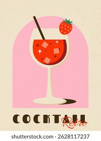 Summer cocktail in glass with strawberry. Retro poster for pub, bar, cafe, restaurant. Minimalist contemporary vertical print. Vector illustration with grungy wall textured 
