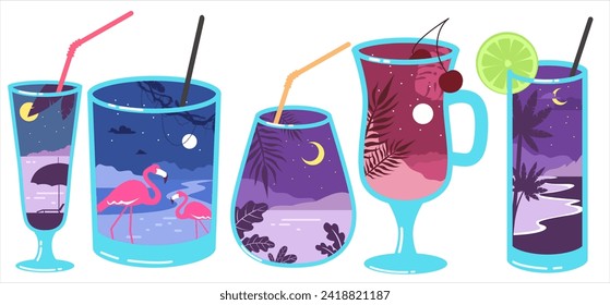 Summer cocktail glasses filled drinks isolated set with tropical resort landscape at beautiful night boho seamless pattern design vector illustration. Restaurant menu, beach party decorative element