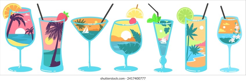 Gafas de cóctel de verano con bebidas refrescantes puestas con la naturaleza de la playa boho patrón sin fisuras ilustración vectorial. Diseño de bebidas para menú de restaurante, pancarta o tarjeta de saludo