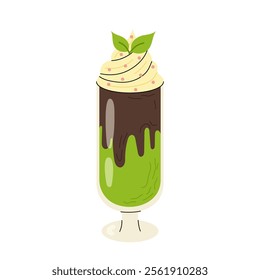 Summer cocktail, green coffee. Matcha drink with chocolate and vanilla cream. Flat illustration for menu, food blog, cafe.