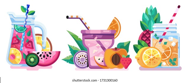Summer cocktail icons with fruits and berries. Vegan fruit smoothies and healthy detox cocktails with straws. Veggie mixes, soft drinks and refreshing vitamin ice shakes for juice bar.