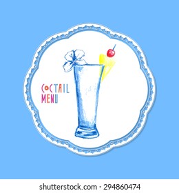 Summer cocktail illustration, hand drawn by pencil.Lace napkin background. Vector illustration.