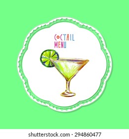 Summer cocktail illustration, hand drawn by pencil.Lace napkin background. Vector illustration.