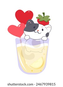 Summer cocktail with kitten. Adorable fluffy pet in mug of refreshing lemonade or fruit juice. Kawaii cat in glass with drink or shake. Cartoon flat vector illustration isolated on white background