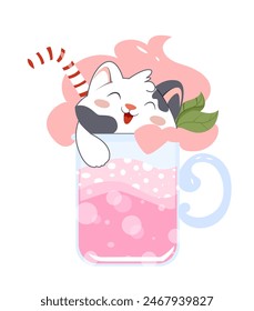 Summer cocktail with kitten. Adorable smiling pet in cup of fizzy fruit drink with straw. Kawaii cat in glass of refreshing smoothie. Cartoon flat vector illustration isolated on white background