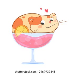 Summer cocktail with kitten. Charming cat lies in glass of delicious fizzy drink, smoothie or shake. Refreshing juice with kawaii pet. Cartoon flat vector illustration isolated on white background