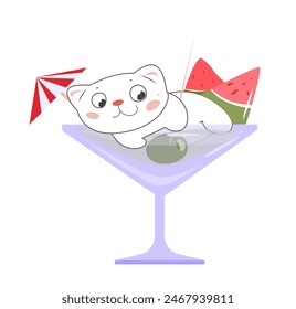 Summer cocktail with kitten. Glass with refreshing drink and adorable white cat. Kawaii pet lying in mug with fruit juice or shake. Cartoon flat vector illustration isolated on white background