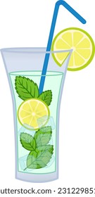 Cóctel de verano con limón y menta. Ilustración vectorial de refresco con paja y piezas de hielo