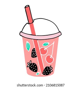 Summer cocktail made from berries and fruits. A glass with a drink. Vacation accessories. Vector illustration isolated on a white background.