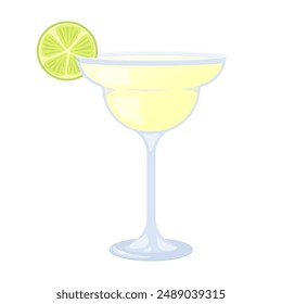 Cóctel de verano. Coctel de Margarita con lima en un vaso, bebida alcohólica tropical de verano. Días festivos de playa, vacaciones de verano, fiesta, café-bar, concepto de Ocio. Ilustración vectorial aislada.