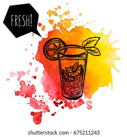 Summer cocktail on the yellow orange watercolor stain with splash. Hand drawn vector ink illustration. Can be used for menu, bar, cafe, restaurant, poster, banner, sticker, placard and other.