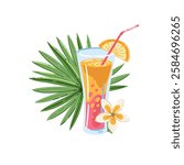 Summer cocktail with palm leaf and tropical flowers. Vector summer cocktail, beach party, summer vibes